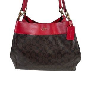 COACH Lexy Shoulder Bag Purse Tote F27972 Signature Canvas Brown Red Leather